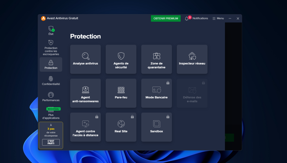 Avast Antivirus Gratuit - Le tableau de bord. © Clubic
