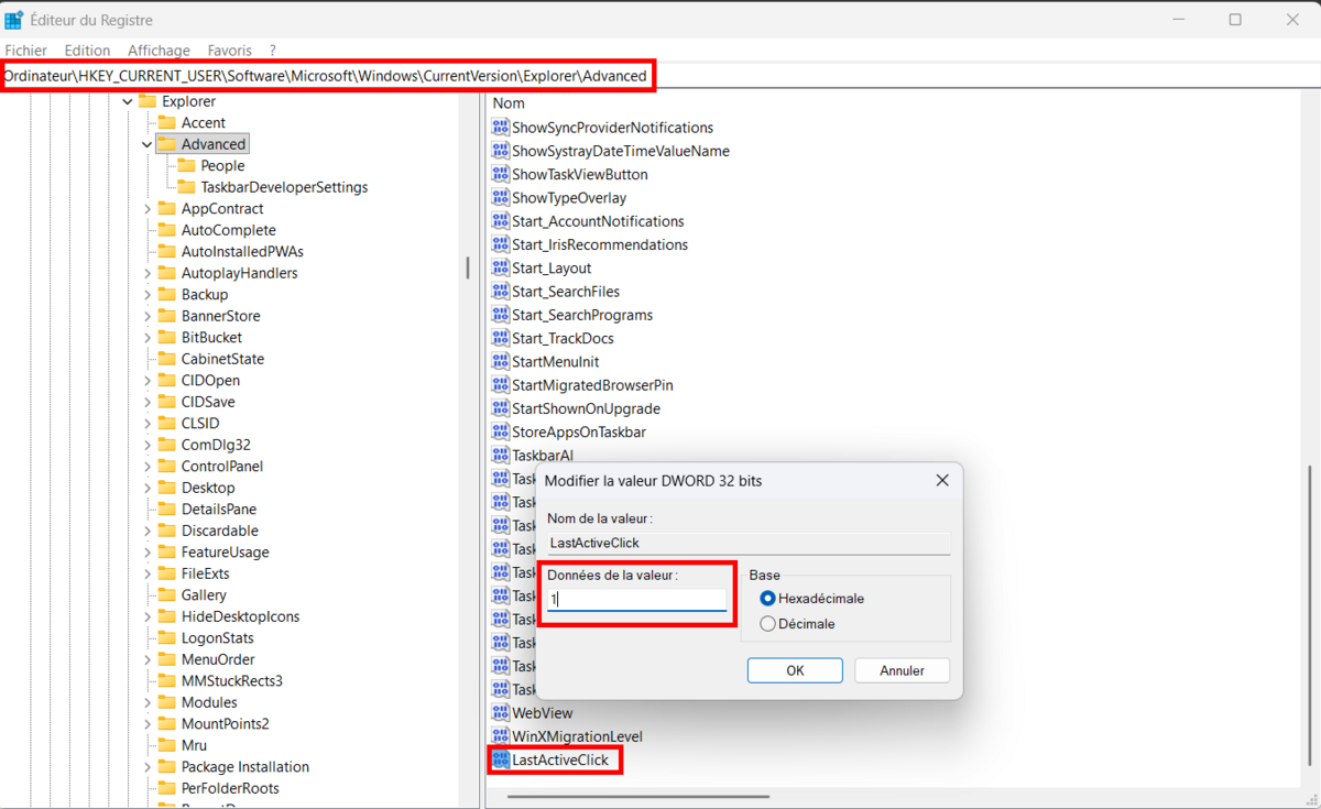 Créez une valeur DWORD nommées "LastActiveClick" et attribuez-lui la donnée de valeur "1". © Clubic