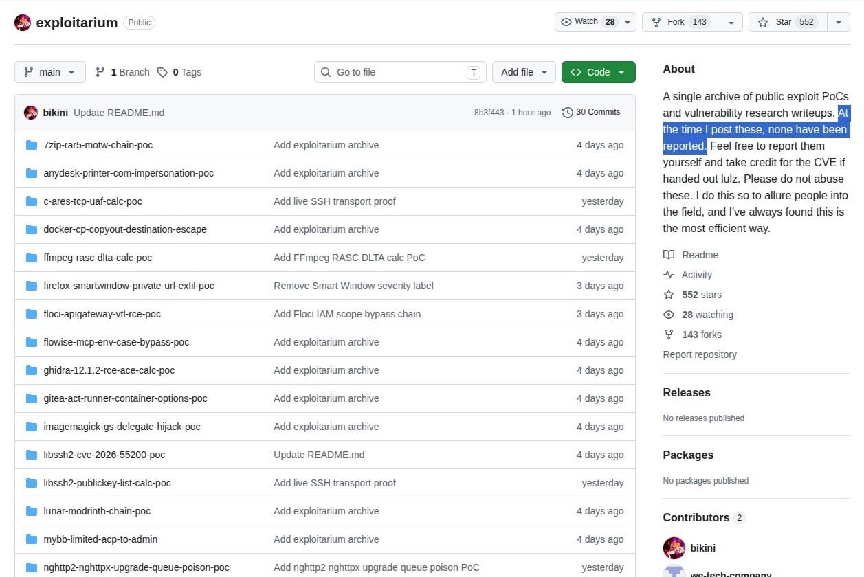 Page GitHub d'« exploitarium », maintenant supprimée. © GitHub/Bikini