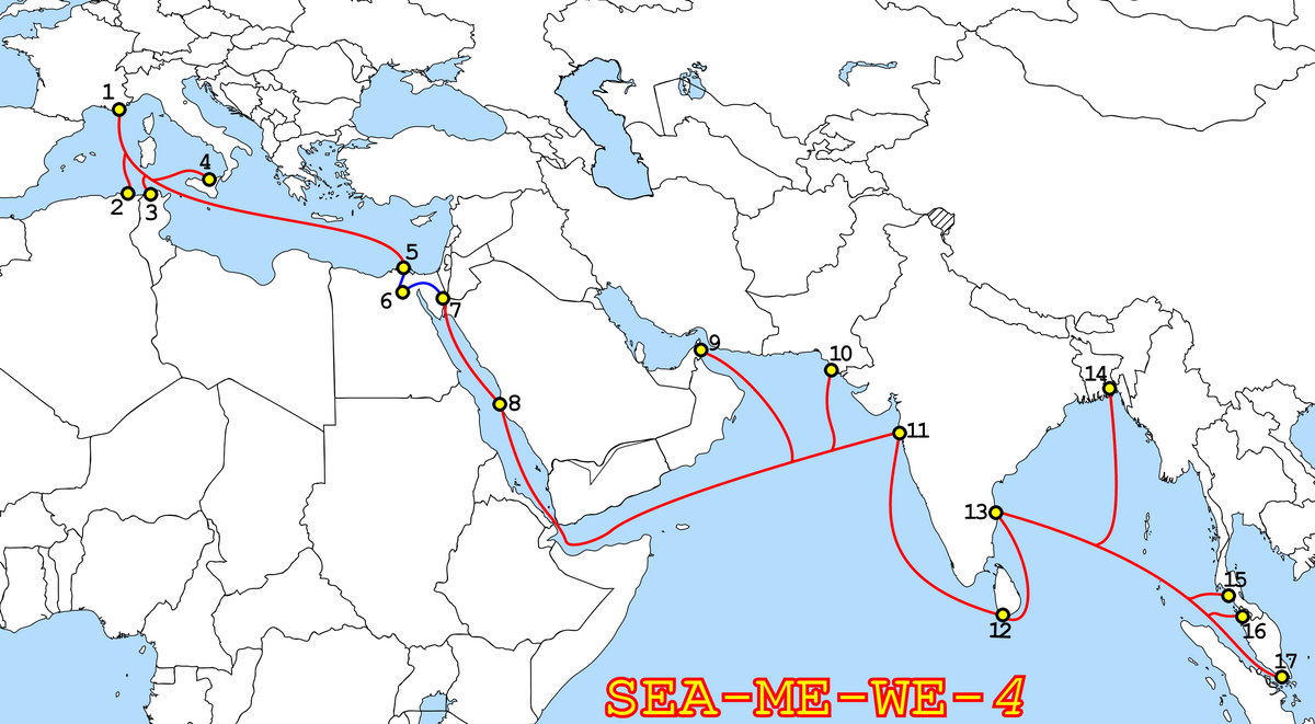  La route du câble sous-marin de télécommunication numérique SEA-ME-WE-2, nom signifiant « Asie du Sud-Est - Moyen-Orient - Europe de l&#039;Ouest ». © Furfur /Wikipedia