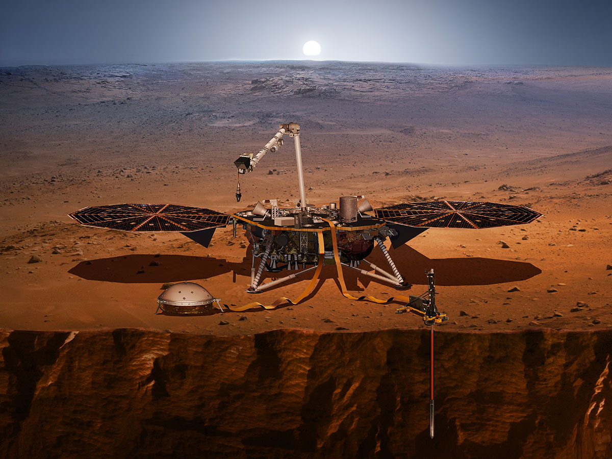 Vue d'artiste de la sonde InSight posée sur le sol de Mars (en réalité l'instrument HP3, sur la droite, n'a jamais pu creuser). © NASA