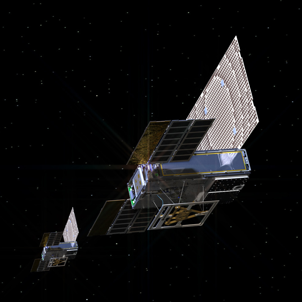 Vue d&#039;artiste des deux petites sondes MarCO, avec leur antenne réceptrice sur le dessous, et leur grand panneau émetteur sur l&#039;avant ! Crédits NASA/JPL