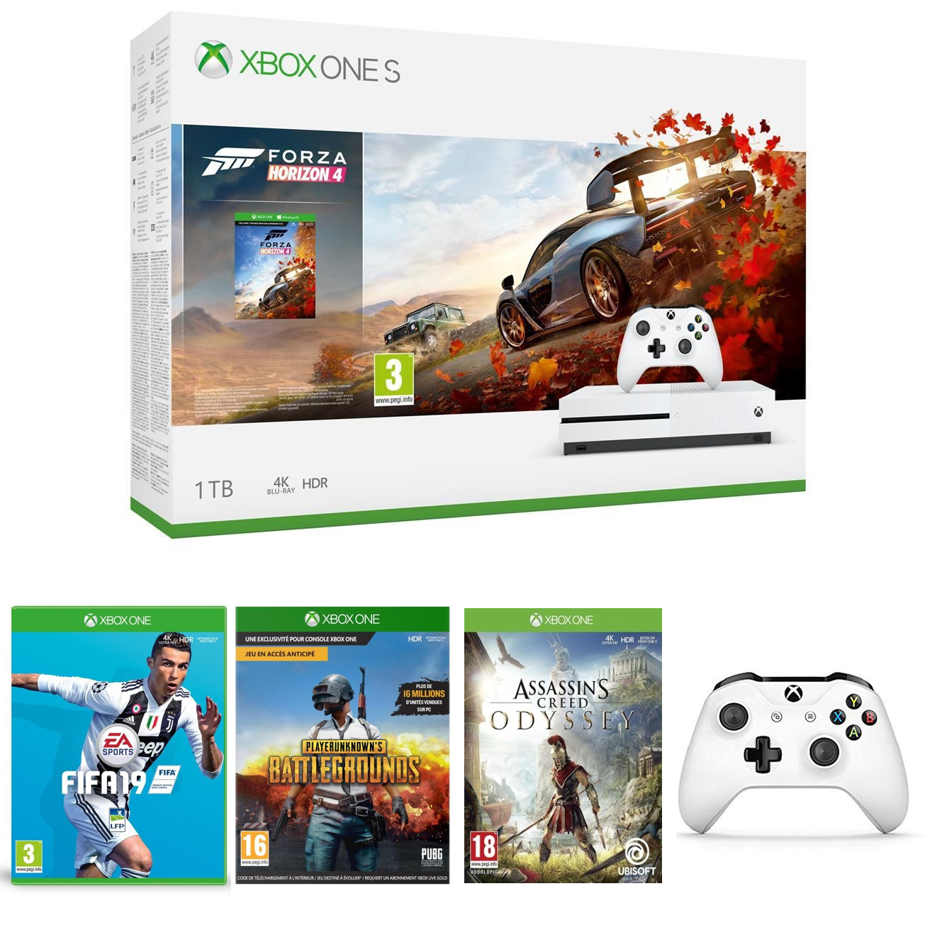 Le pack Microsoft Xbox One S 1To + 2e Manette + 4 Jeux à 299€