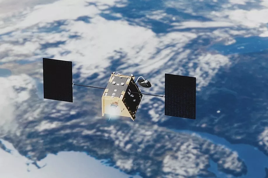 Vue d'artiste d'un satellite de la constellation OneWeb, dont l'altitude opérationnelle est à plus de 1200 km d'altitude.Crédits OneWeb. 