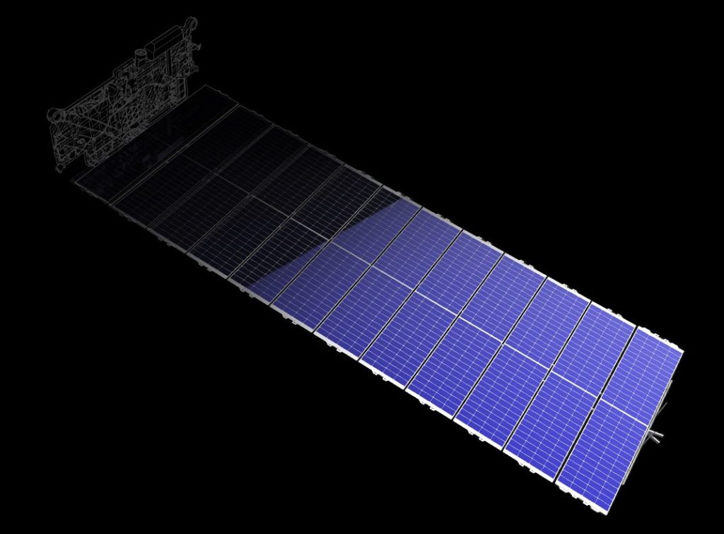 Vue d'artiste du grand panneau d'un satellite Starlink une fois déployé. Crédits SpaceX