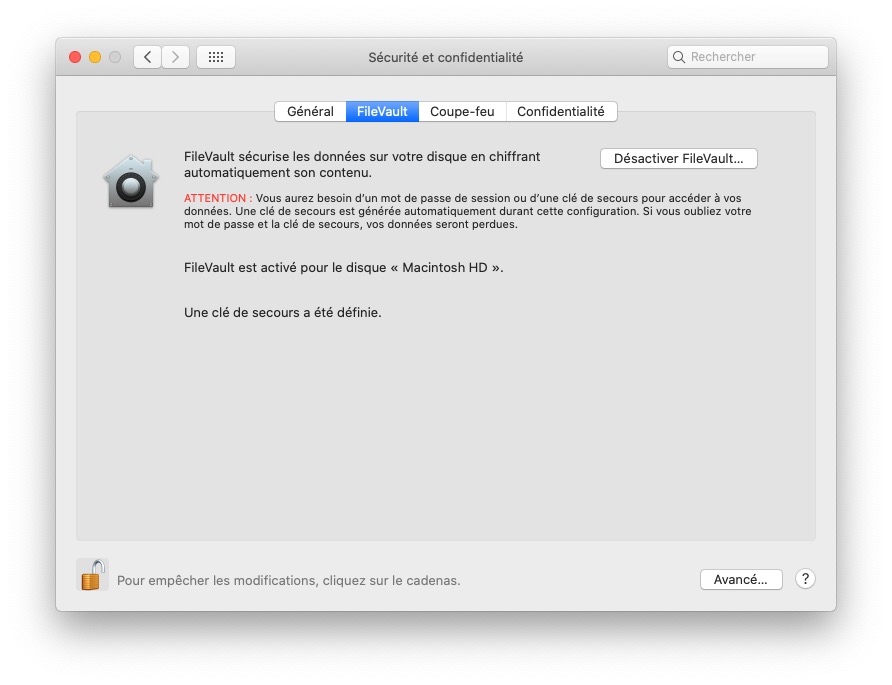 macOS chiffrement FileVault