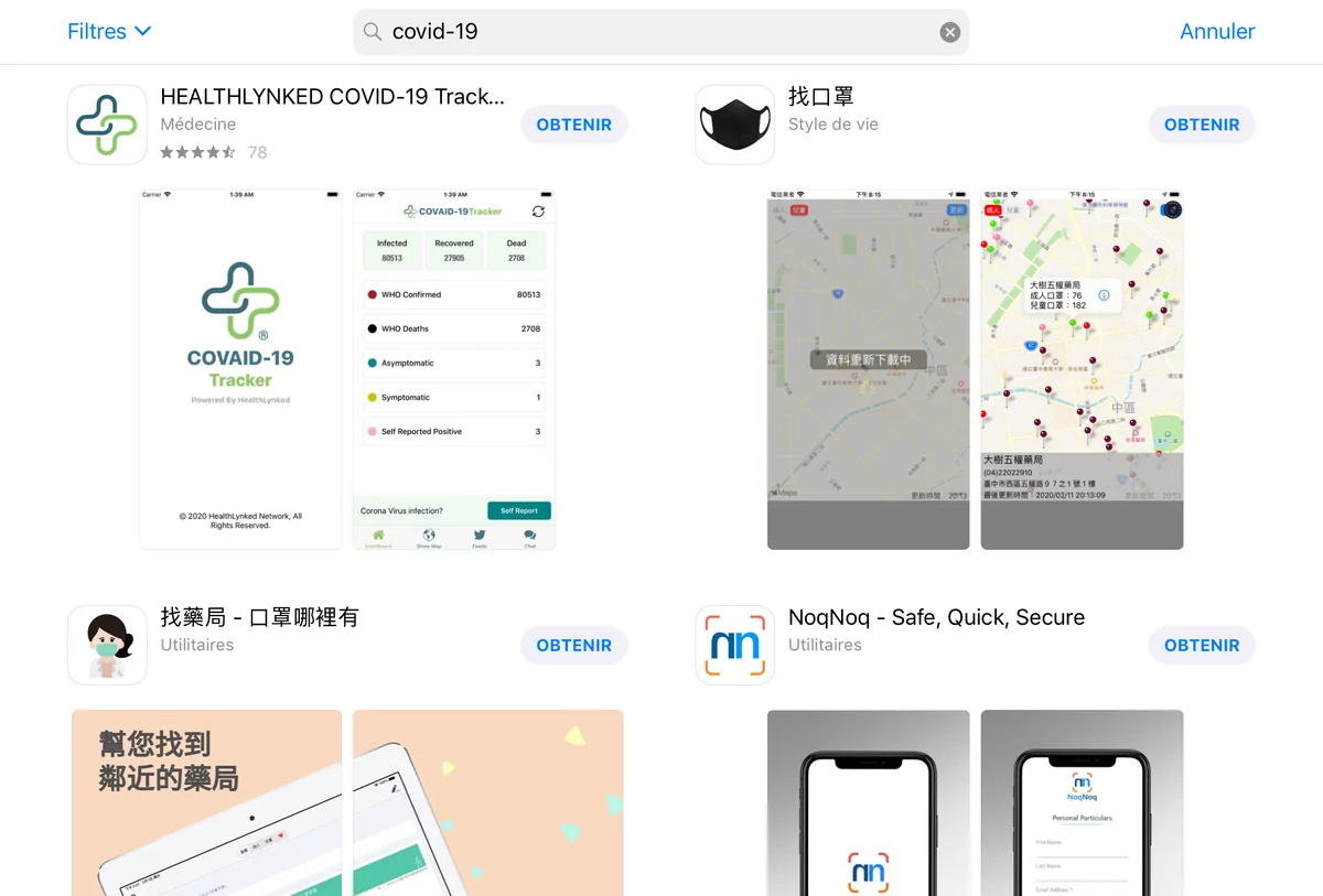 Recherche AppStore covid-19