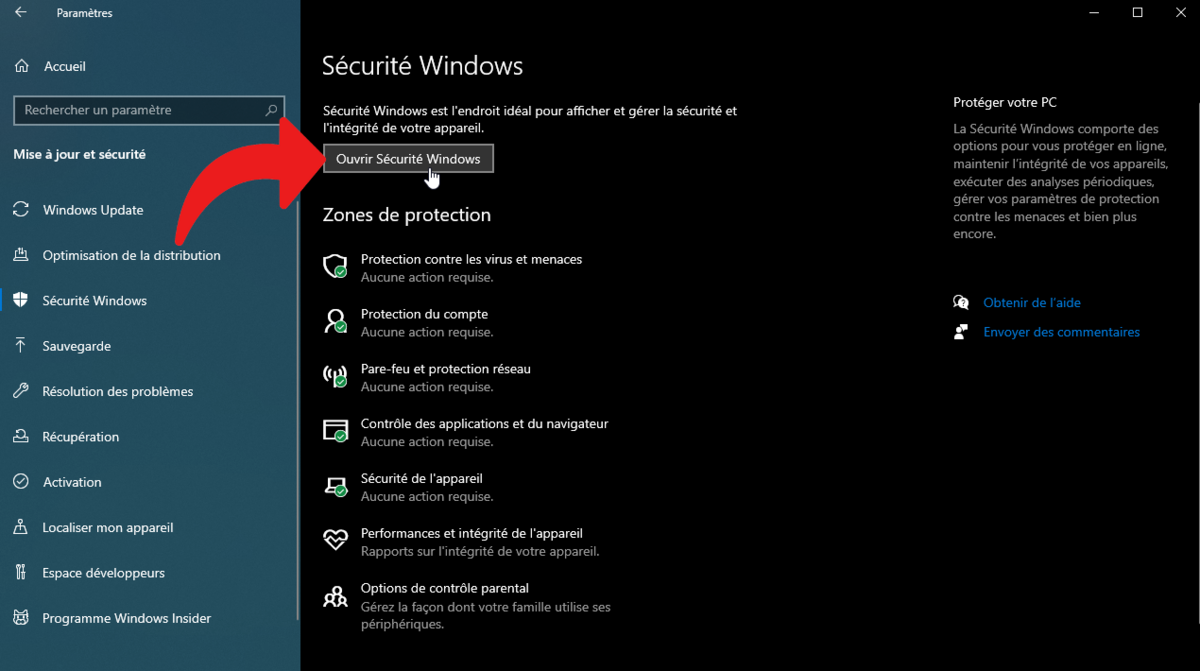 Centre de sécurité Windows 10 © clubic.com