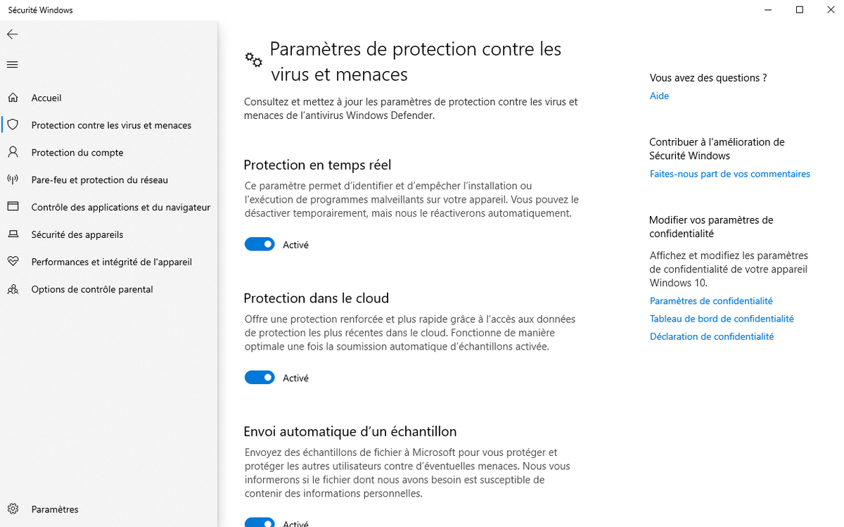 Microsoft Defender - Paramètres de protection