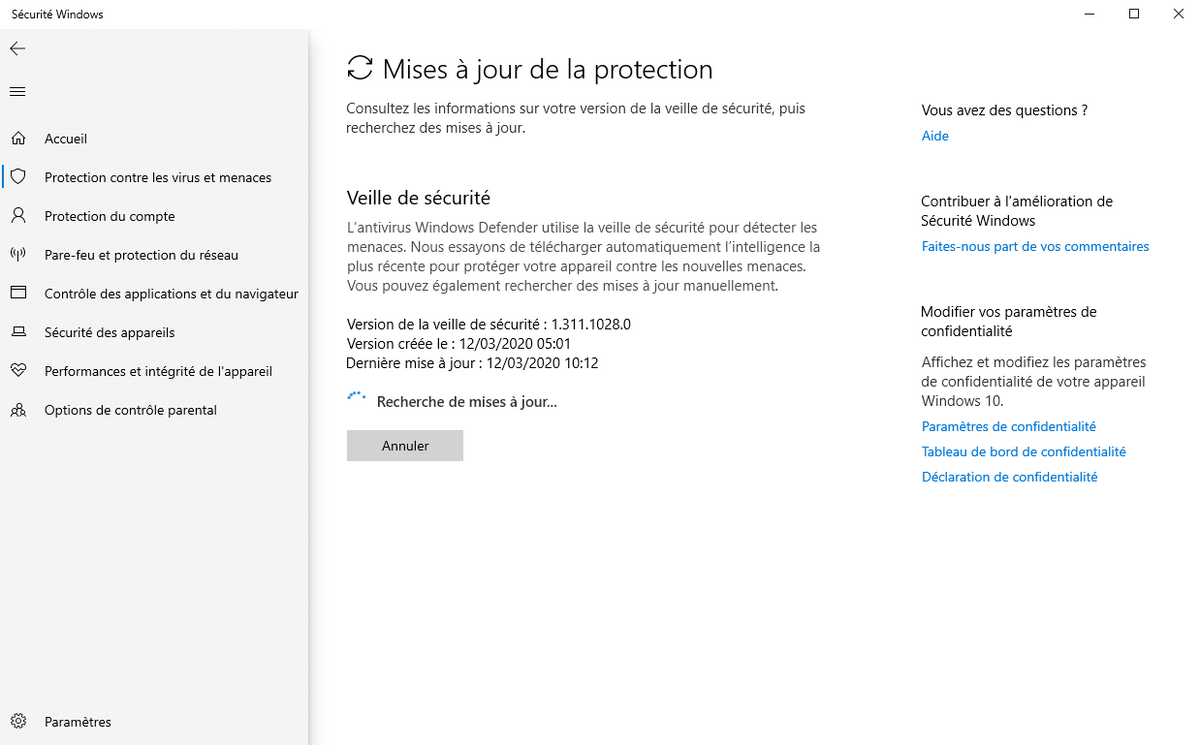 Microsoft Defender - Mises à jour de la protection