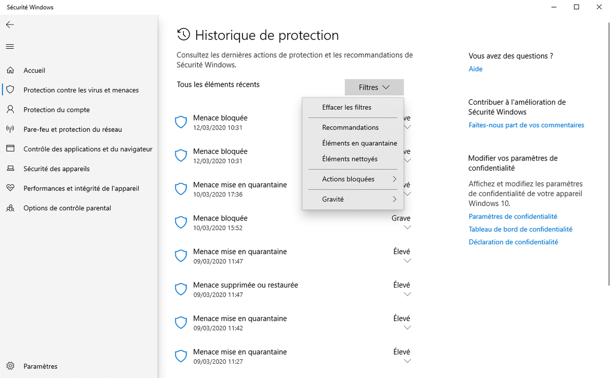 Microsoft Defender - Historique de la protection