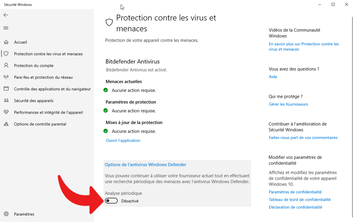 Microsoft Defender - Options de la protection