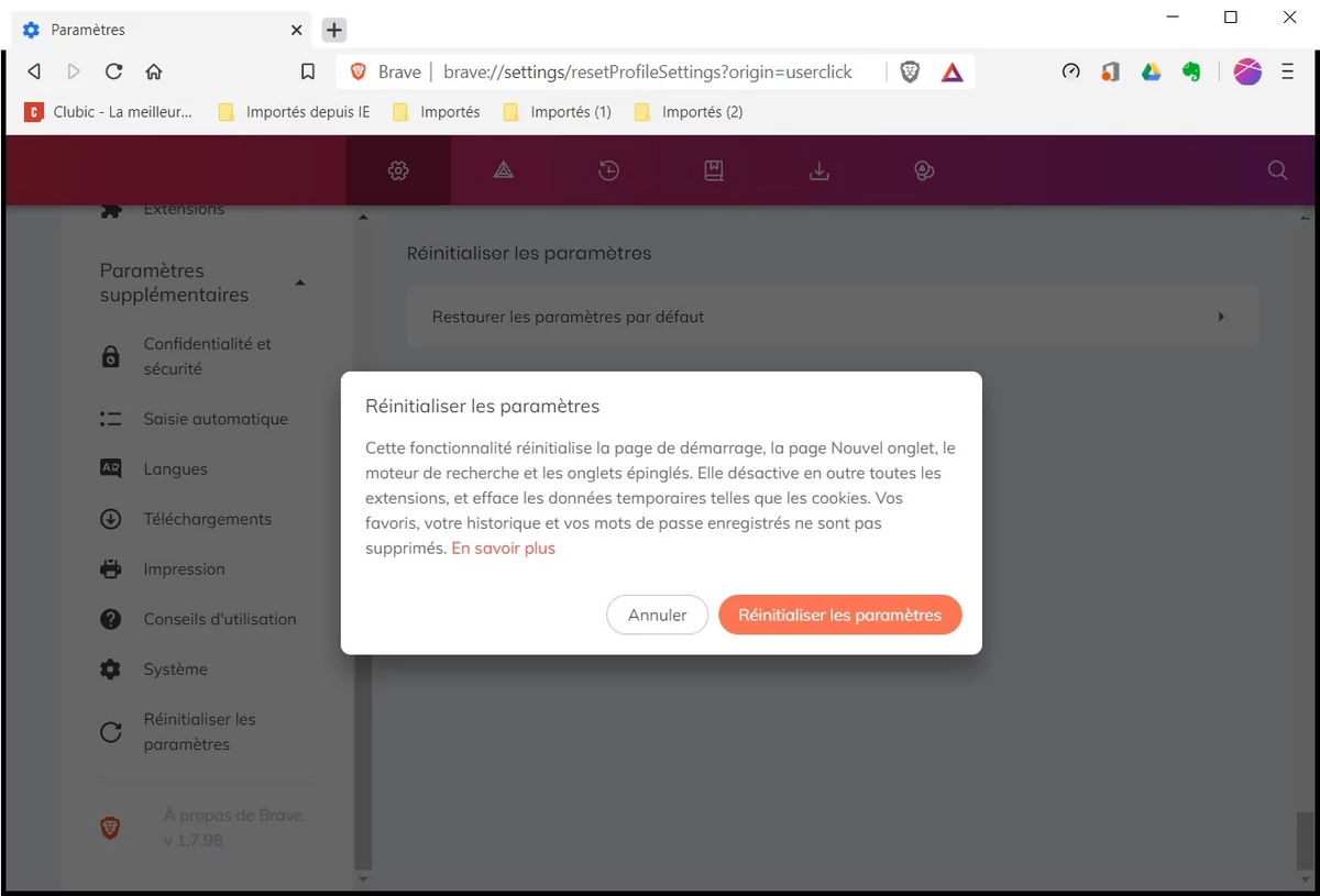reinitialiser brave
