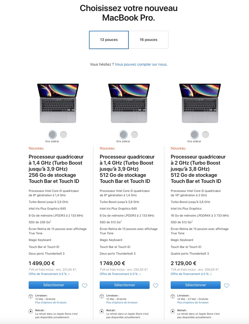 Comptez 2 129€ pour profiter d&#039;un Intel Core i5 de 10e génération. © Apple
