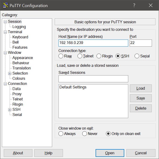 PuTTy - Écran de connexion