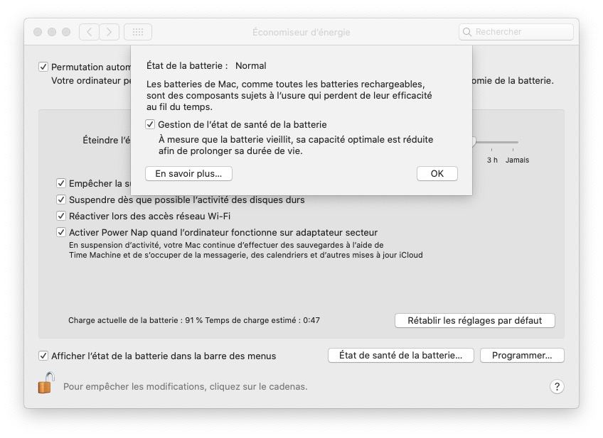 MacOS 10.15.5 état batterie © Capture d'écran