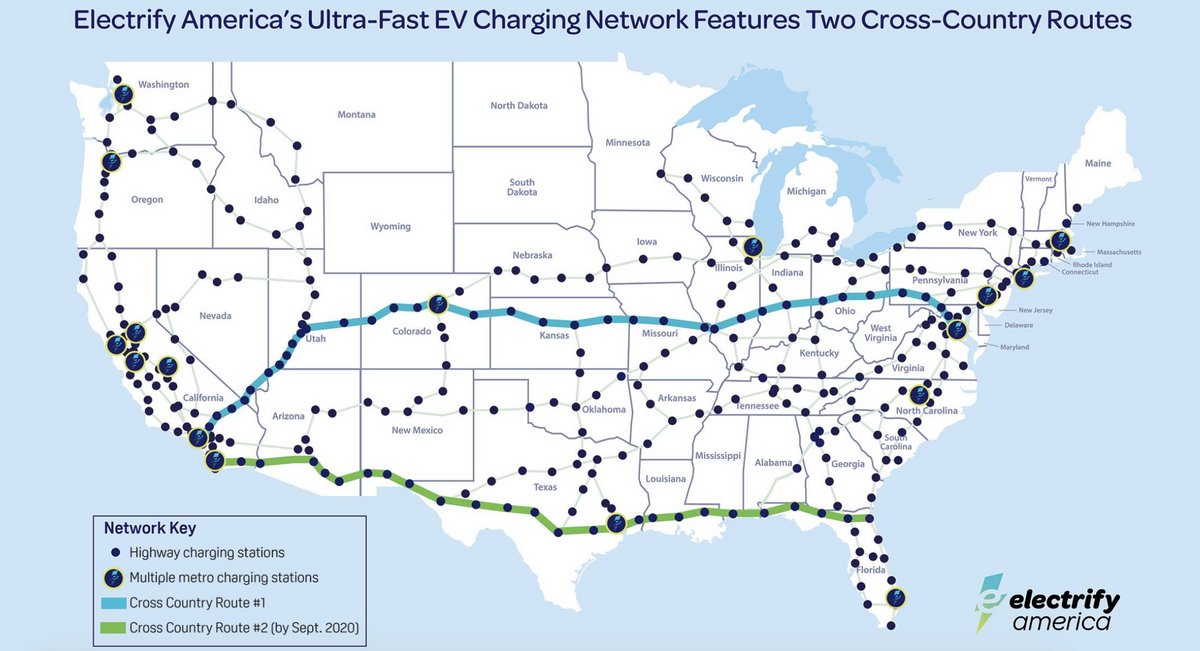 En bleu, la route reliant Los Angeles à Wahington D.C., en vert, celle allant de San Diego à Jacksonville © Electrify America