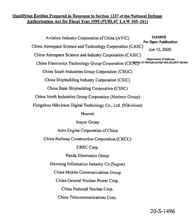 Liste entreprises chinoises Loi 1999