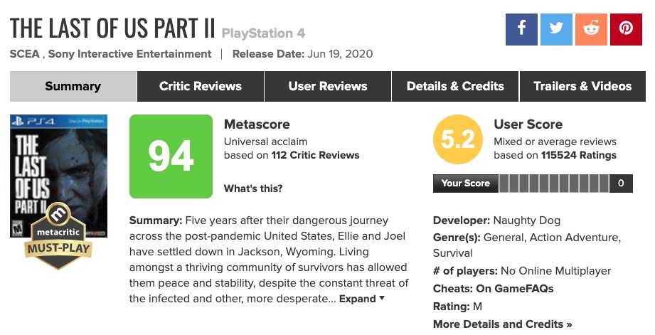 The Last of Us Part II metacritic © © Metacritic