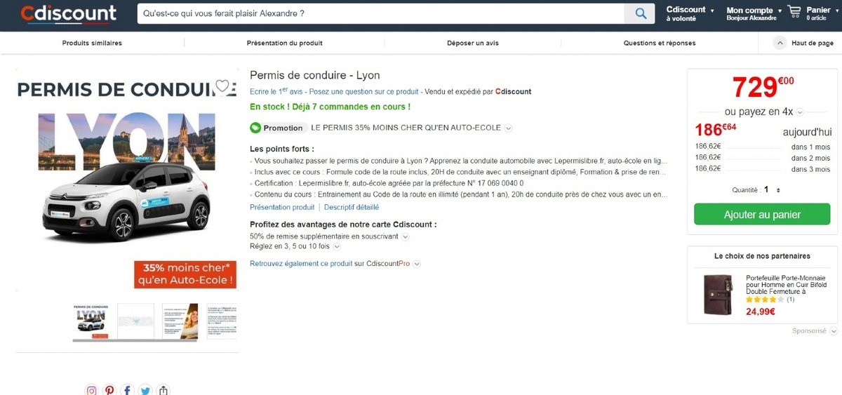 Capture d'écran d'une offre permis Cdiscount valable sur Lyon