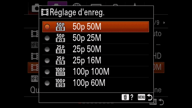 Le ZV-1 propose une grande variété de frame rates et de débits (ici pour la Full HD)