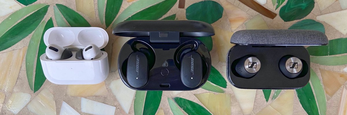 de gauche à droite : Airpods pro d&#039;Apple, QC Earbuds de Bose, Momentum TW2 de Sennheiser