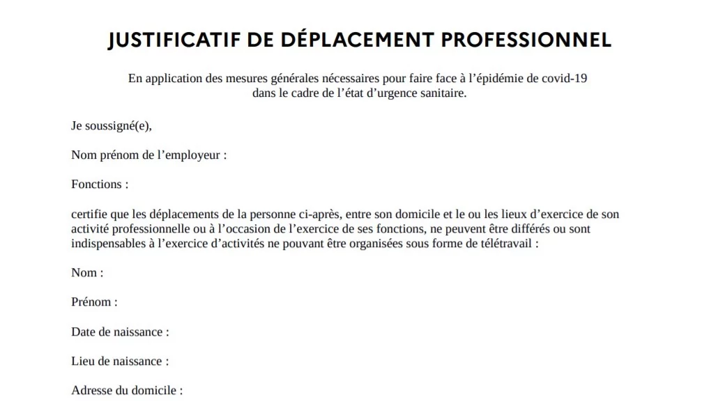 justificatif déplacement professionnel
