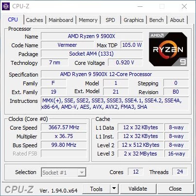 AMD Ryzen 9 5900X - CPU-Z © Nerces