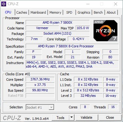 AMD Ryzen 7 5800X - CPU-Z © Nerces