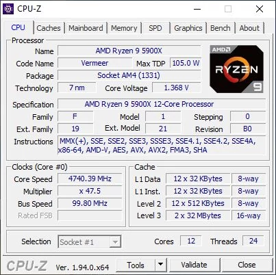 AMD Ryzen 9 5900X - CPU-Z © Nerces