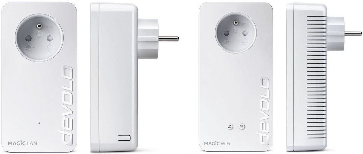À gauche, l&#039;unique bouton du Magic 2 LAN ; À droite, le Magic 2 WiFi et ses boutons CPL / WiFi © devolo