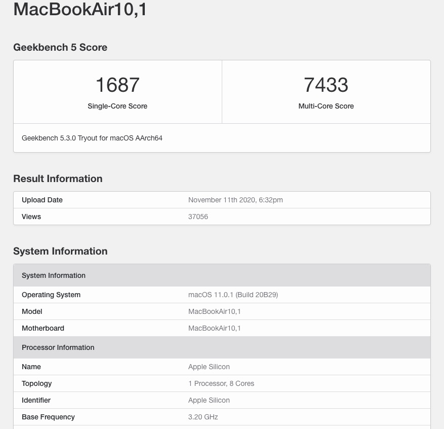 Geekbench Apple M1 MacBook Air © Capture écran
