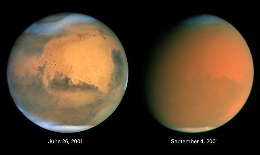 Les effets d&#039;une tempête globale sur Mars. Crédits NASA