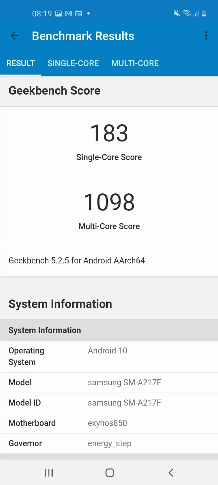 Geekbench Samsung Galaxy A21s