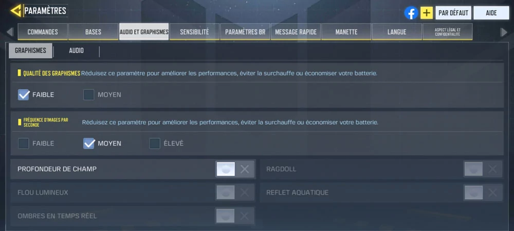 Parametres Graphiques Call of Duty Galaxy A21s