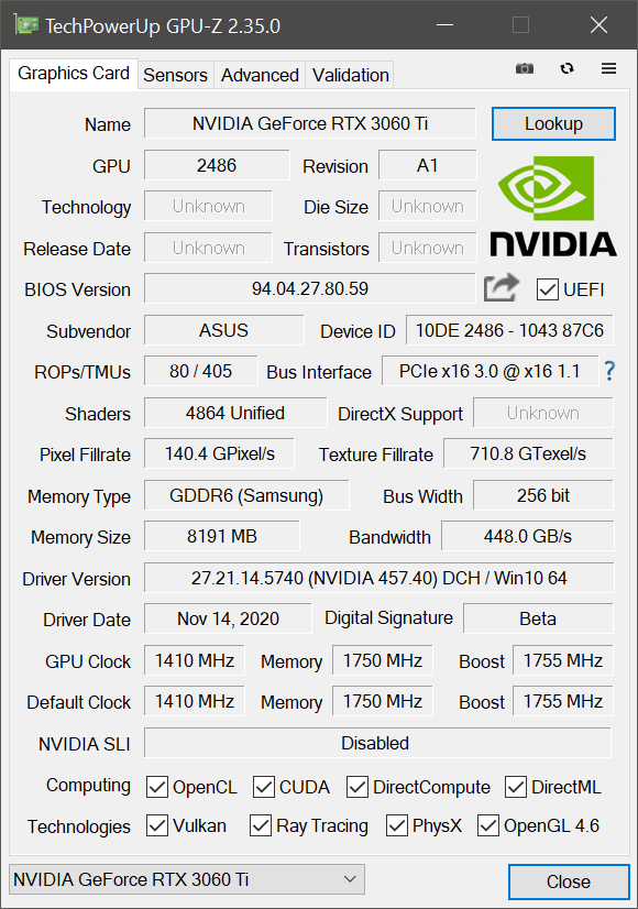 GPU-Z ne reconnaît pas encore bien notre TUF Gaming RTX 3060 Ti series OC edition
