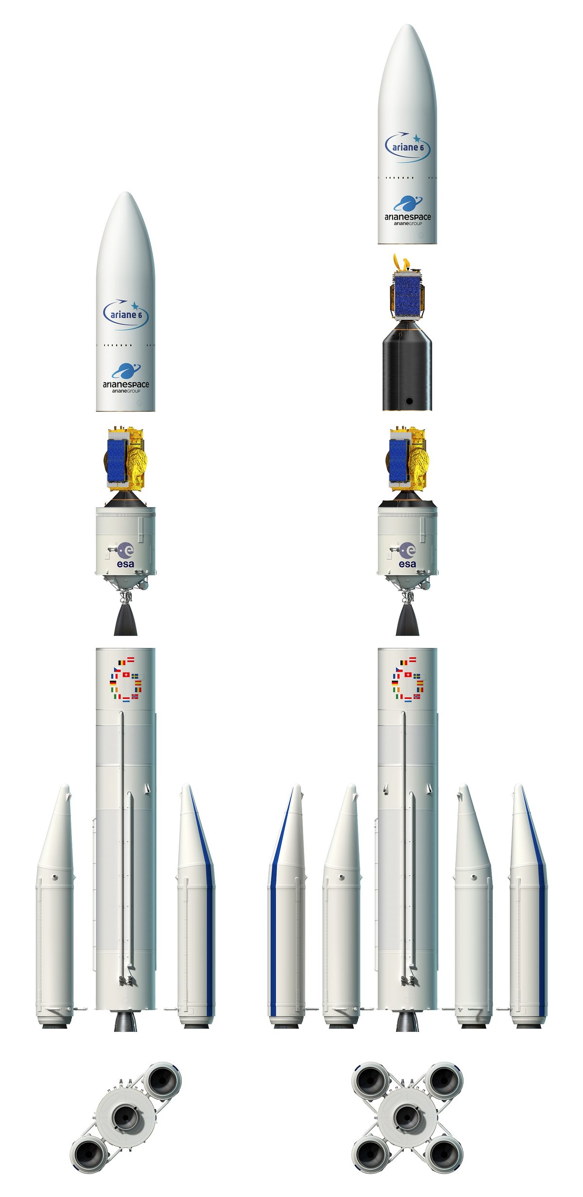 Configuration finale d&#039;Ariane 62 et Ariane 64. Sur les deux lanceurs, la hauteur de la coiffe peut varier en fonction du nombre de satellites emportés. En moyenne, Ariane 6 sera haute d&#039;environ 65m. Crédit image: ESA