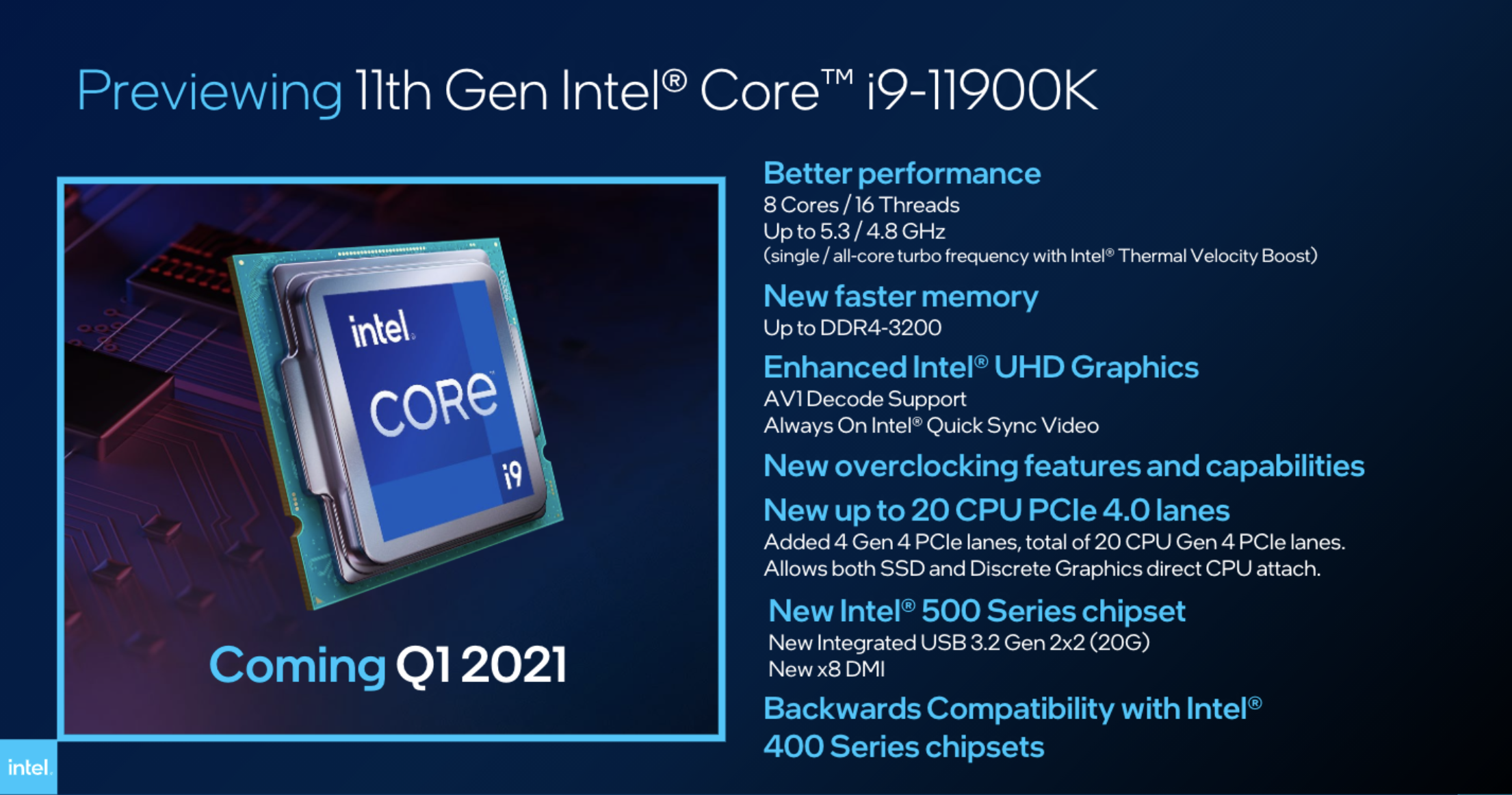 CES 2021 : Intel va lancer son haut de gamme Core i9-11900K dès le premier trimestre