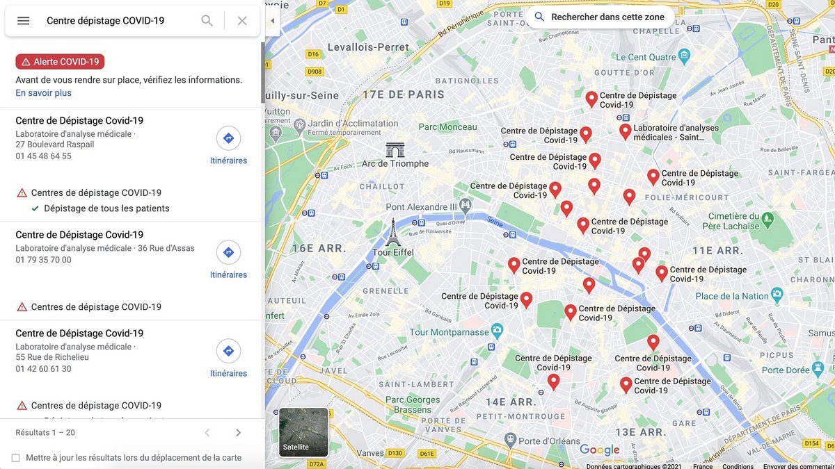 Google Maps Centre Depistage Covid-19 © Google En France