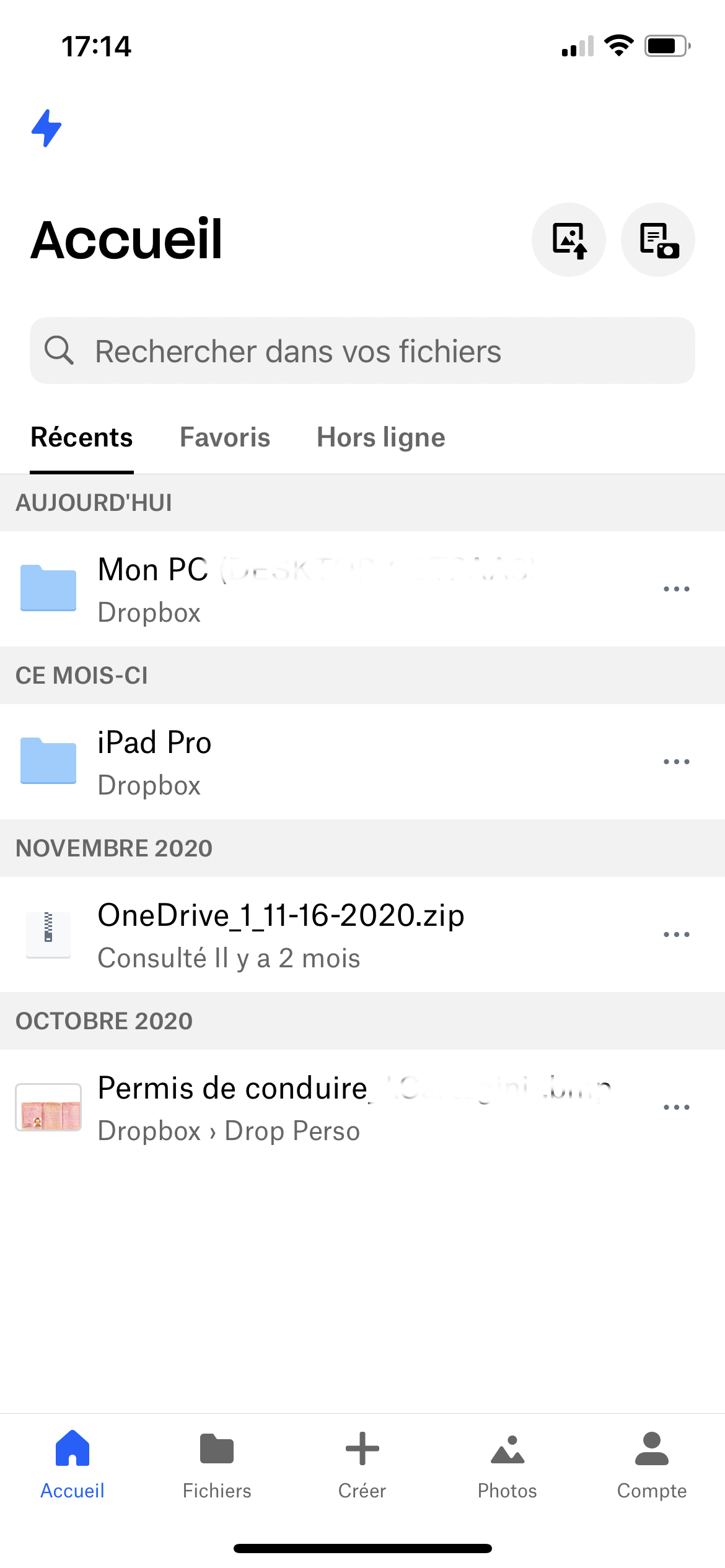 Dropbox - Accueil Interface iOS