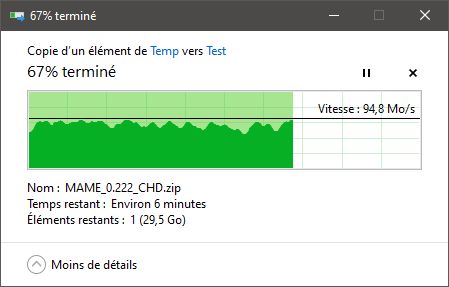 Performances mesurées en copie de fichiers sous Windows 10 en RAID 1 @ 1GbE © Nerces pour Clubic