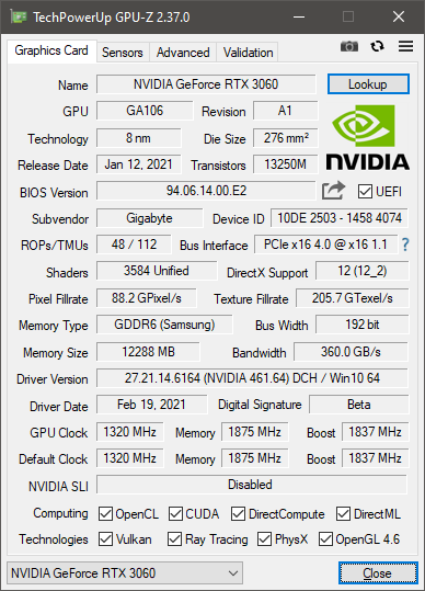GPU-Z analyse notre RTX 3060 signée Gigabyte © Nerces