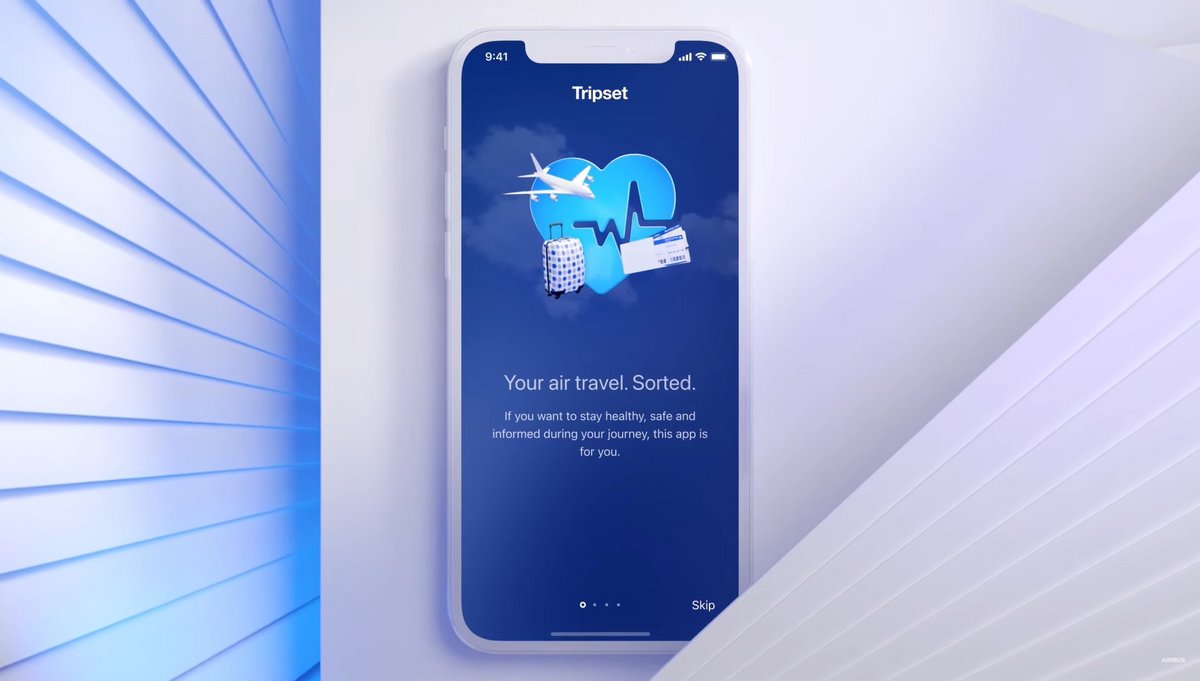 Tripset App home screen on a blue and white background
