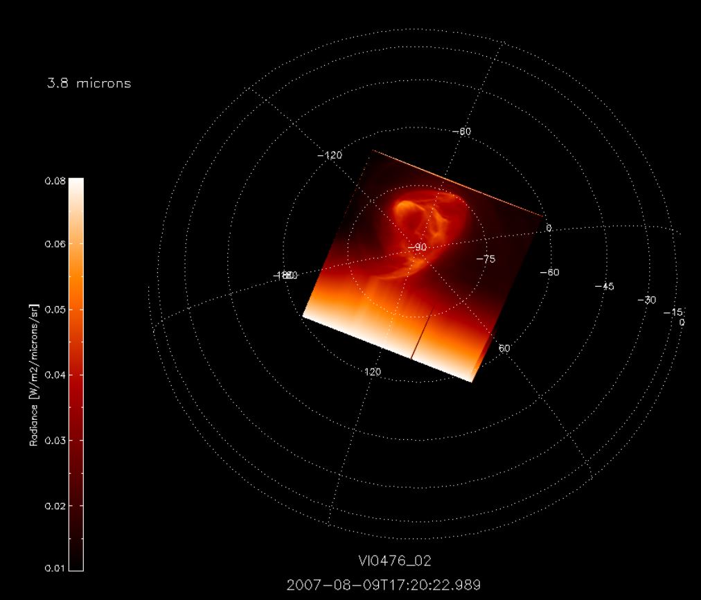 Un vortex au pôle Sud de Venus observé par l&#039;instrument VIRTIS. Crédits ESA/VIRTIS-VenusX/INAF-IASF/Obs. de Paris-LESIA (A.Cardesin Moinelo, IASF-INAF)