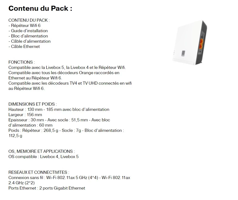 Répéteur Wi-Fi 6 Orange fiche technique © Orange