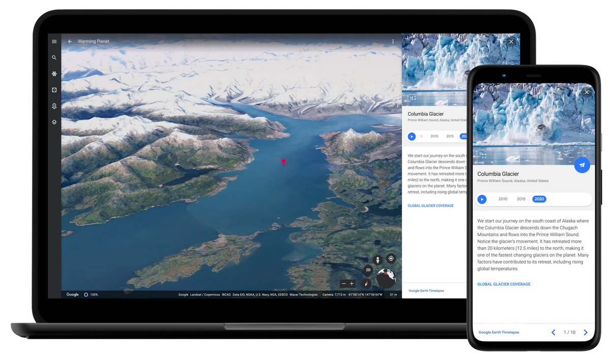 Timelapse dans Google Earth montre le changement rapide sur notre planète à travers cinq histoires thématiques, par exemple le retrait du glacier Columbia en Alaska (© Google)