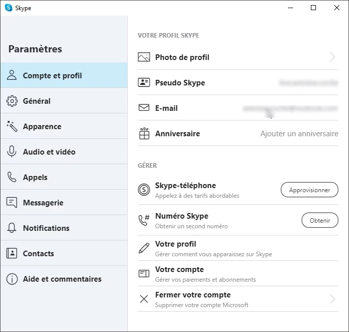 Skype options © Capture d'écran