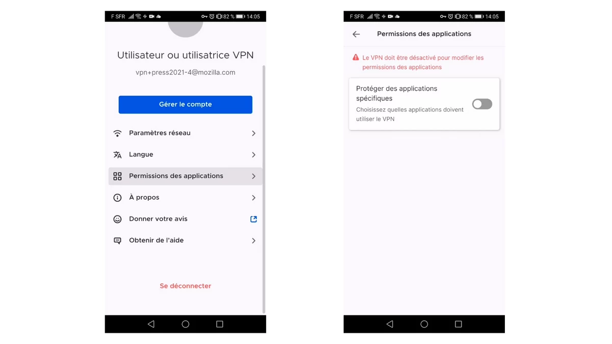 Mozilla VPN fonctionnalités options mobile © Alexandre Boero pour Clubic