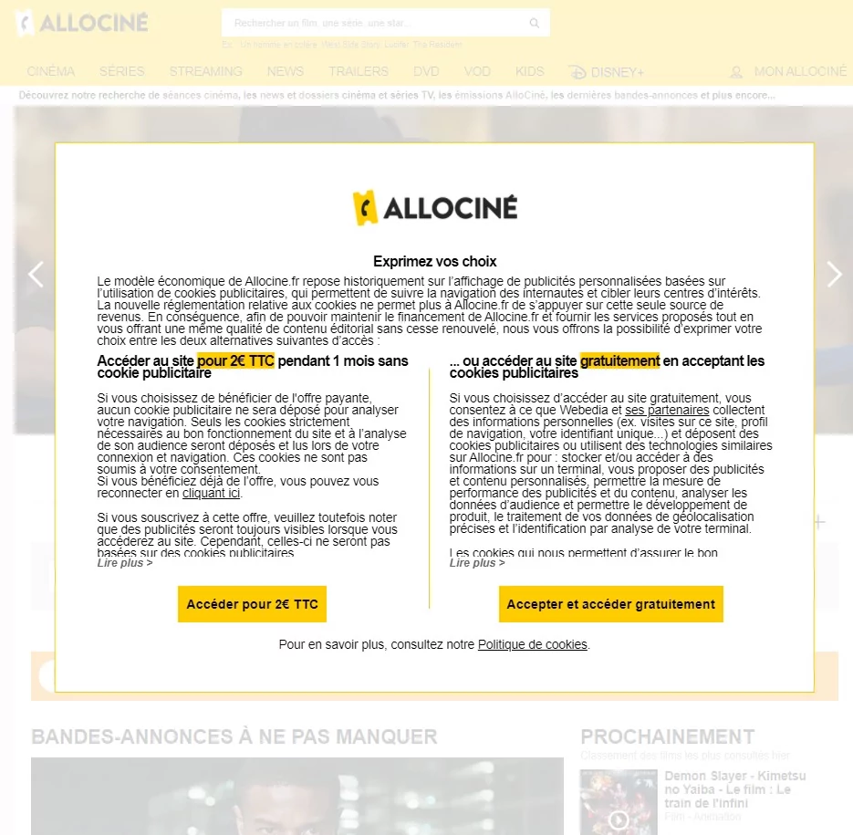 Allociné capture écran cookie wall