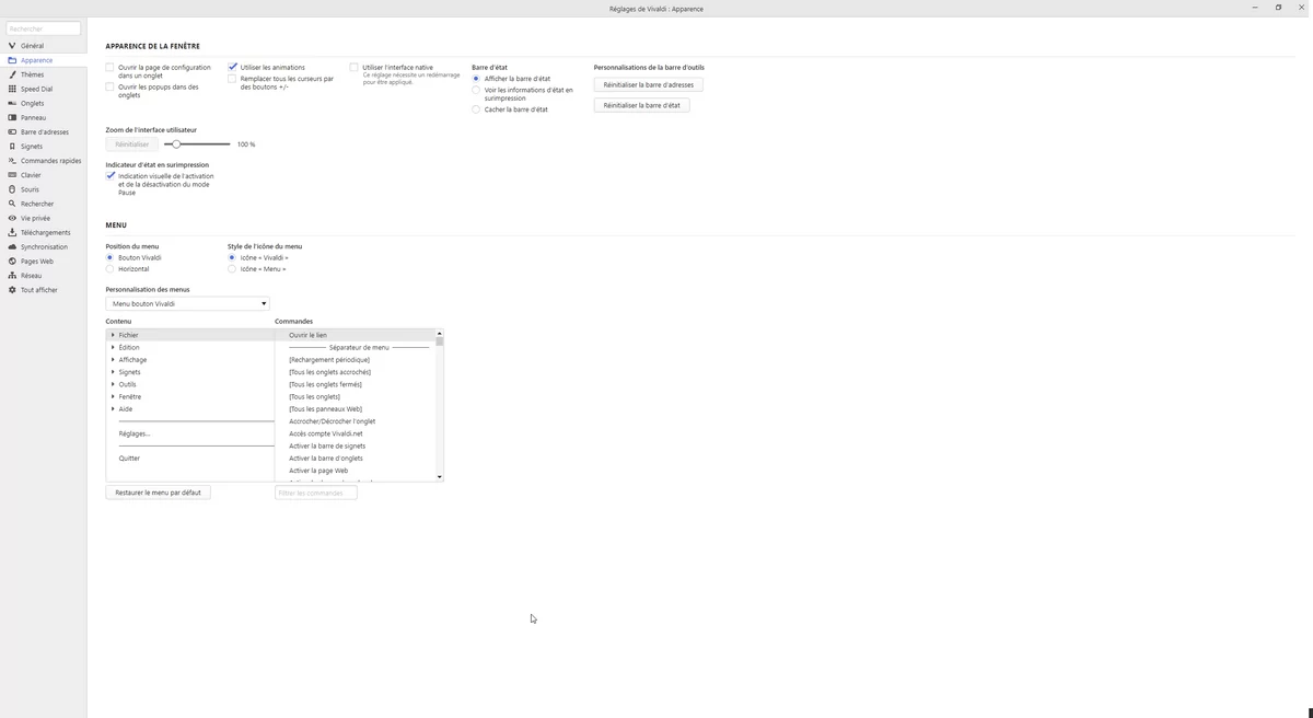 Menus Vivaldi © Capture d'écran